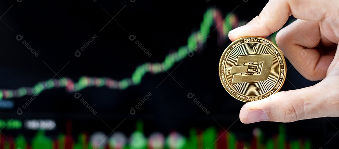 Moeda de criptomoeda Golden Dash com fundo de gráfico de vela