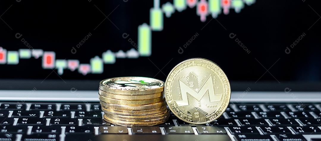Moeda de criptomoeda Golden Monero (XMR) com gráfico de vela background