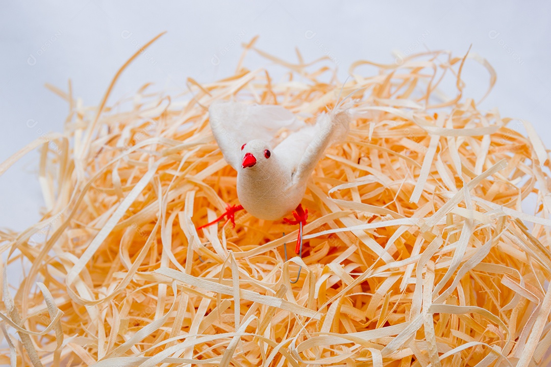 pomba branca para decoração de Natal em um fundo de palha no Rio de Janeiro.