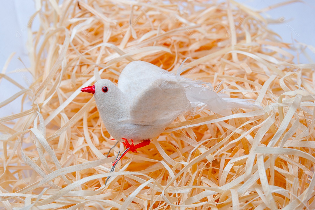 pomba branca para decoração de Natal em um fundo de palha no Rio de Janeiro.