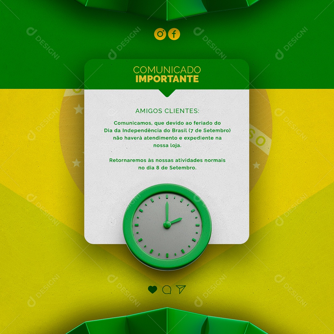 Social Media Comunicado Importante Feriado Da Independência do Brasil PSD Editável