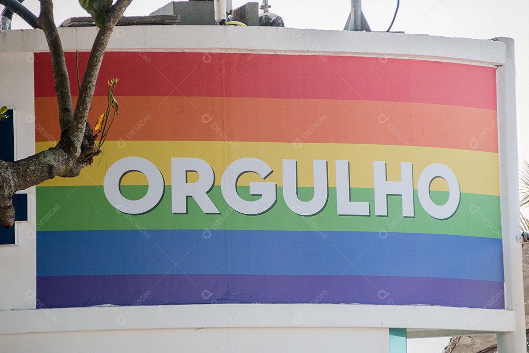 bandeira do arco-íris com a palavra orgulho escrito em português na praia de Copacabana no Rio de Janeiro Brasil.