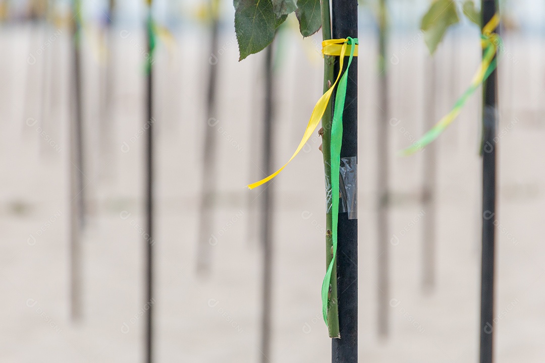 fita verde e amarela na cor da bandeira brasileira, decorando um pedaço de madeira na praia de Copacabana no Rio de Janeiro Brasil.