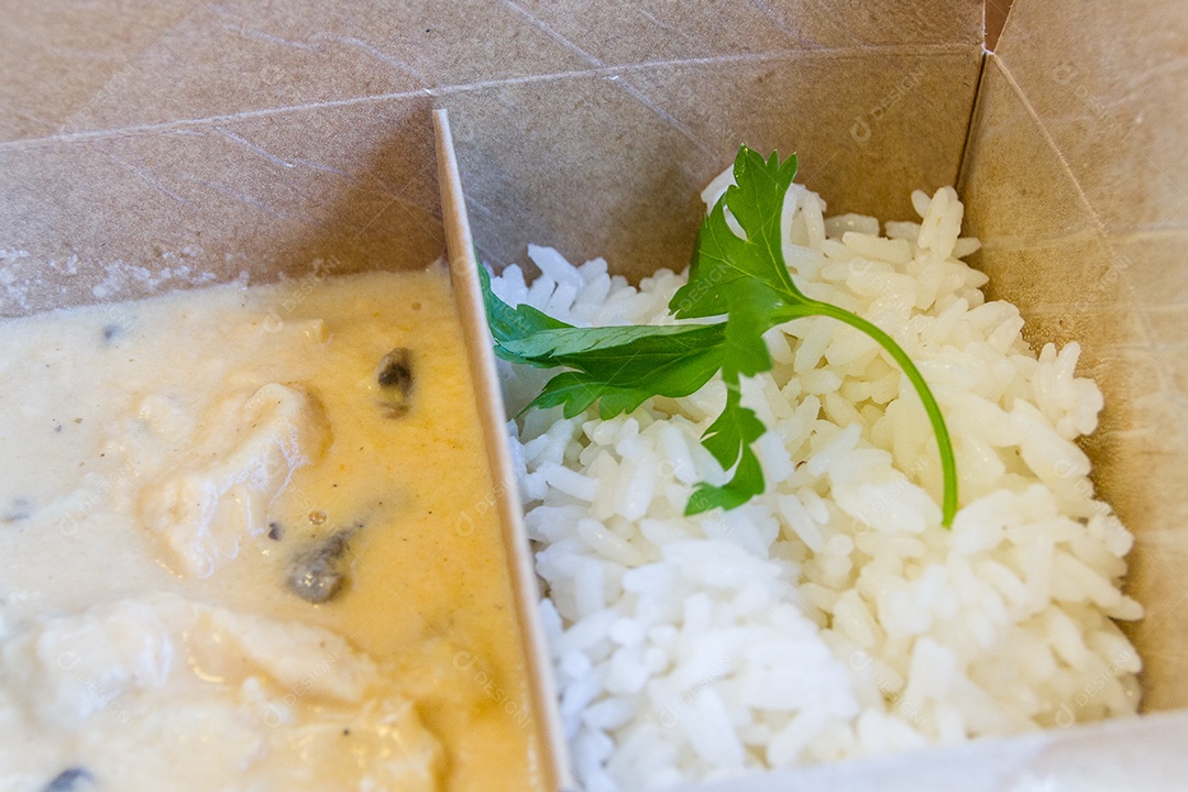 Strogonoff com arroz branco e cheiro verde no Rio de Janeiro.