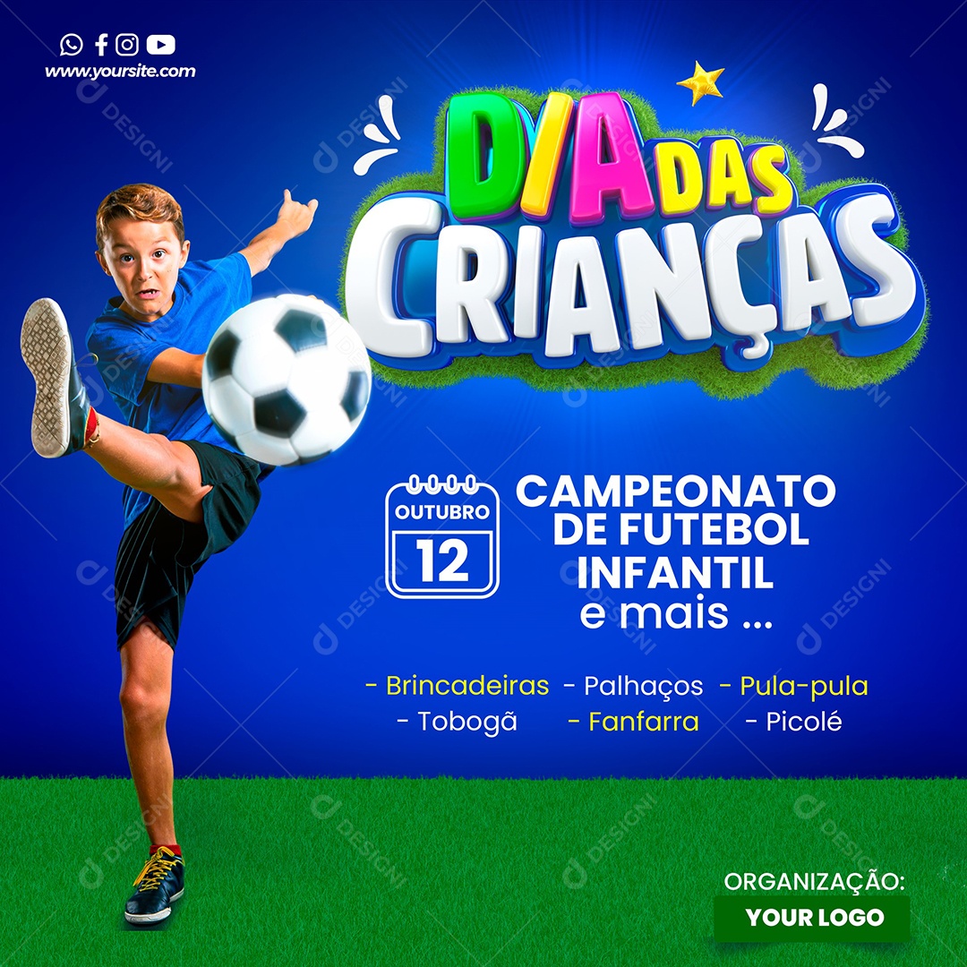 Campeonato de Futebol Infantil e mais Dia Das Crianças Social Media PSD Editável