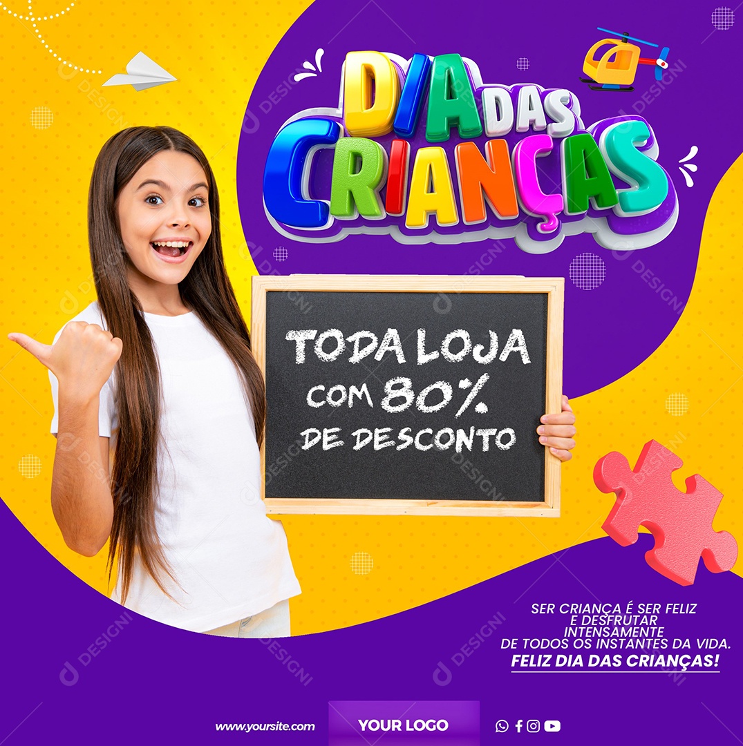 Toda loja com 80% de desconto Dia Das Crianças Social Media PSD Editável