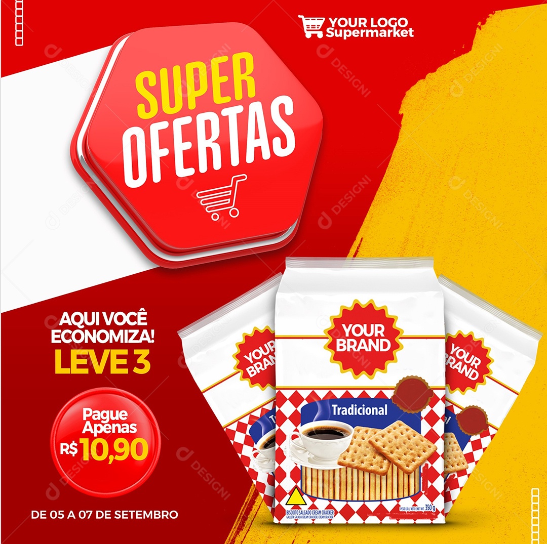 Super ofertas aqui você economiza leve 3 pague 2 Supermercado Social Media PSD Editável