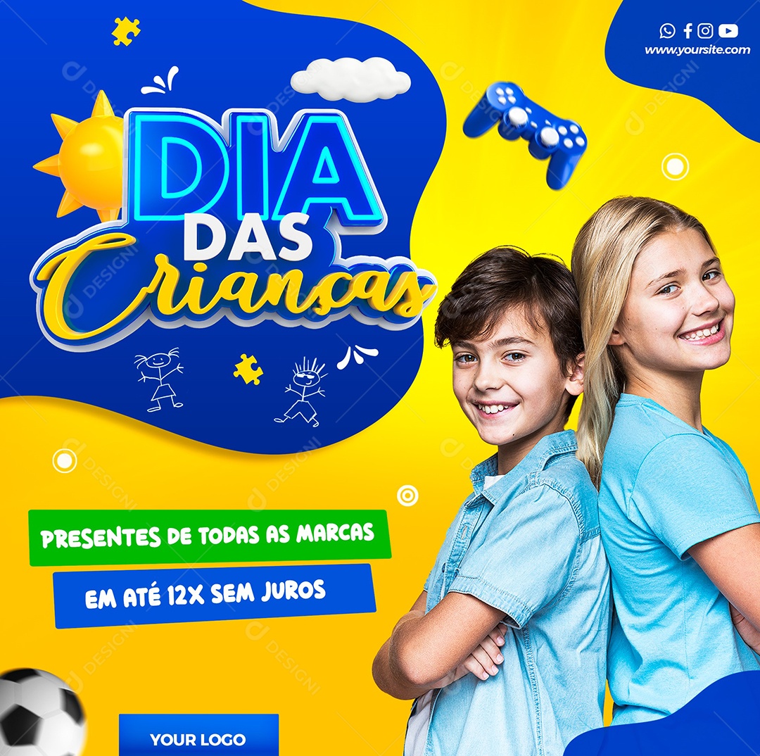 Social Media Presentes de todas as marcas em até 12x sem juros Lojas Dia Das Crianças PSD Editável