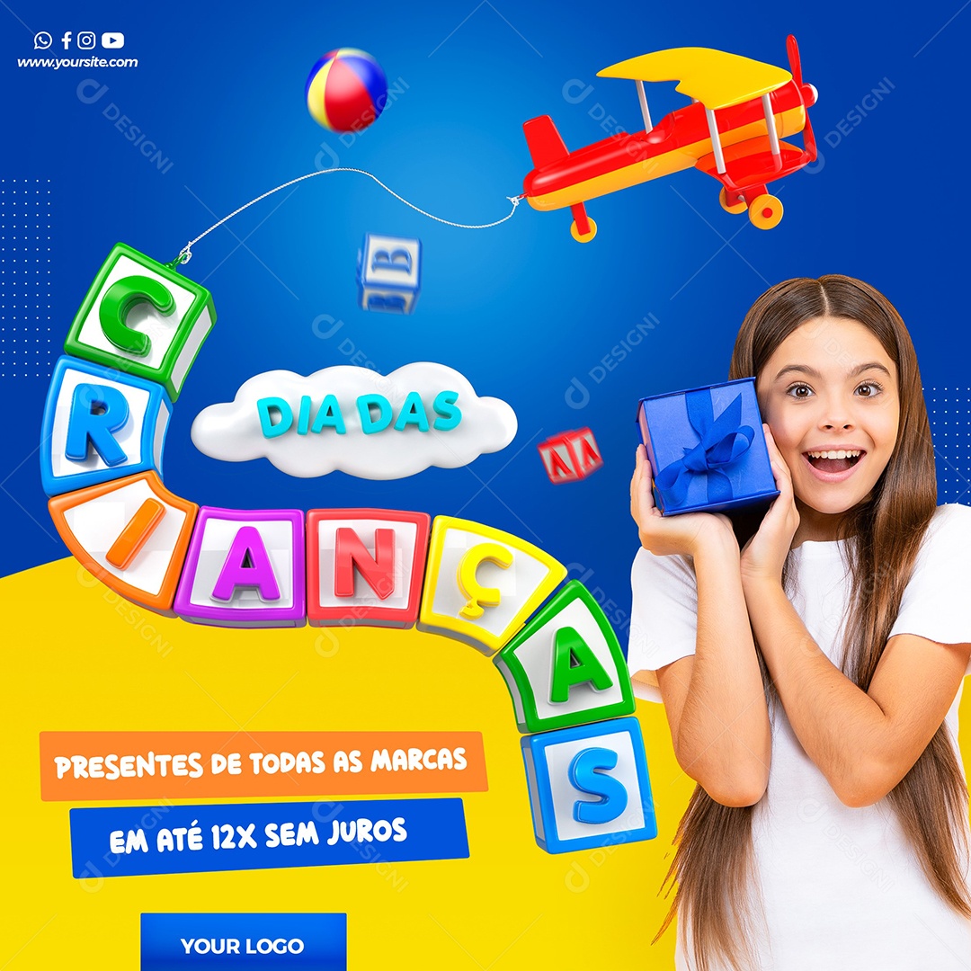 Presentes de todas as marcas em até 12x sem juros Lojas Dia Das Crianças Social Media PSD Editável