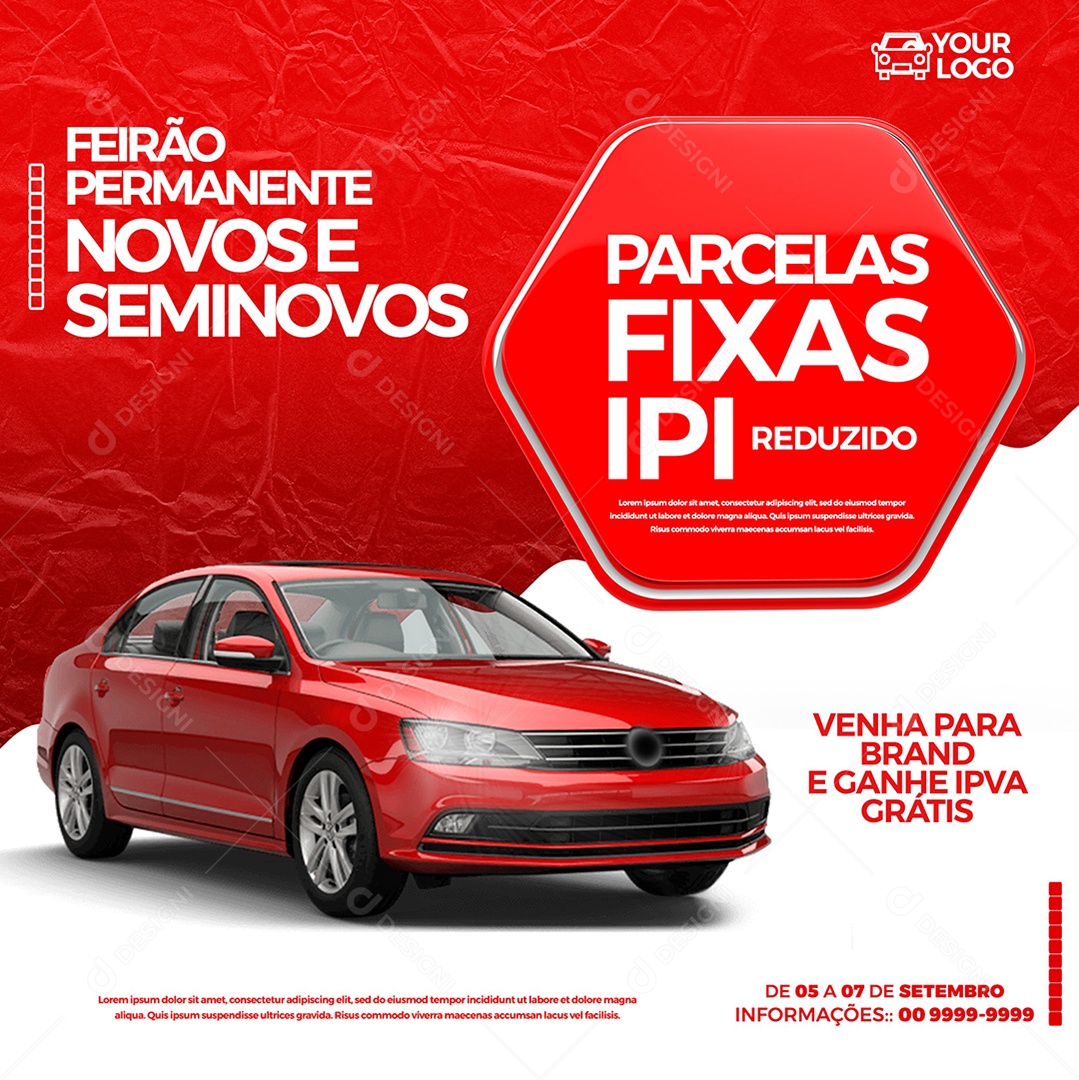 Feirão permanente novos e seminovos parcelas fixos carros Social Media PSD Editável