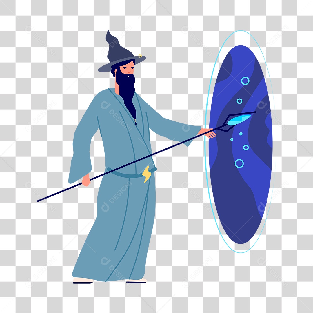 Velho mago de desenho animado segurando um bastão mágico