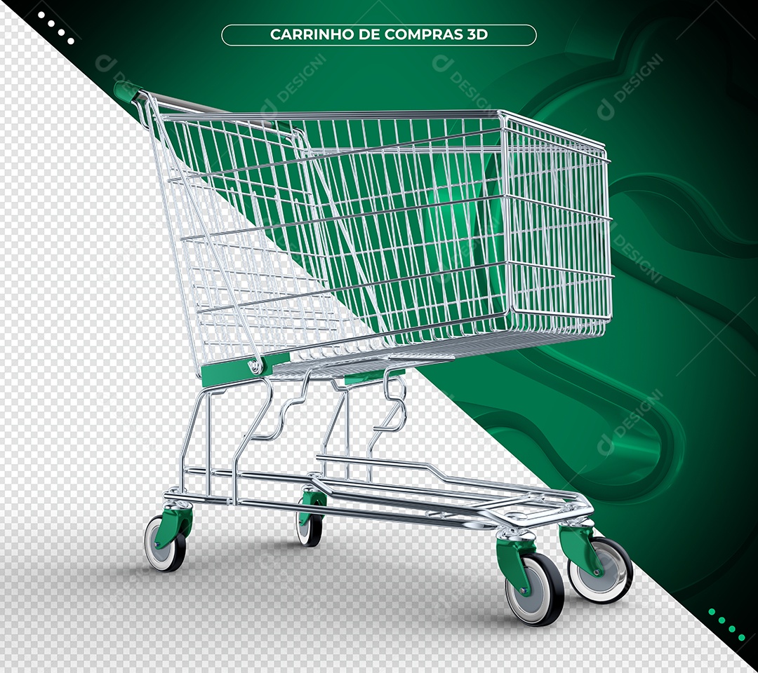 Carrinho de compras verde Ilustração 3D para Composição PSD
