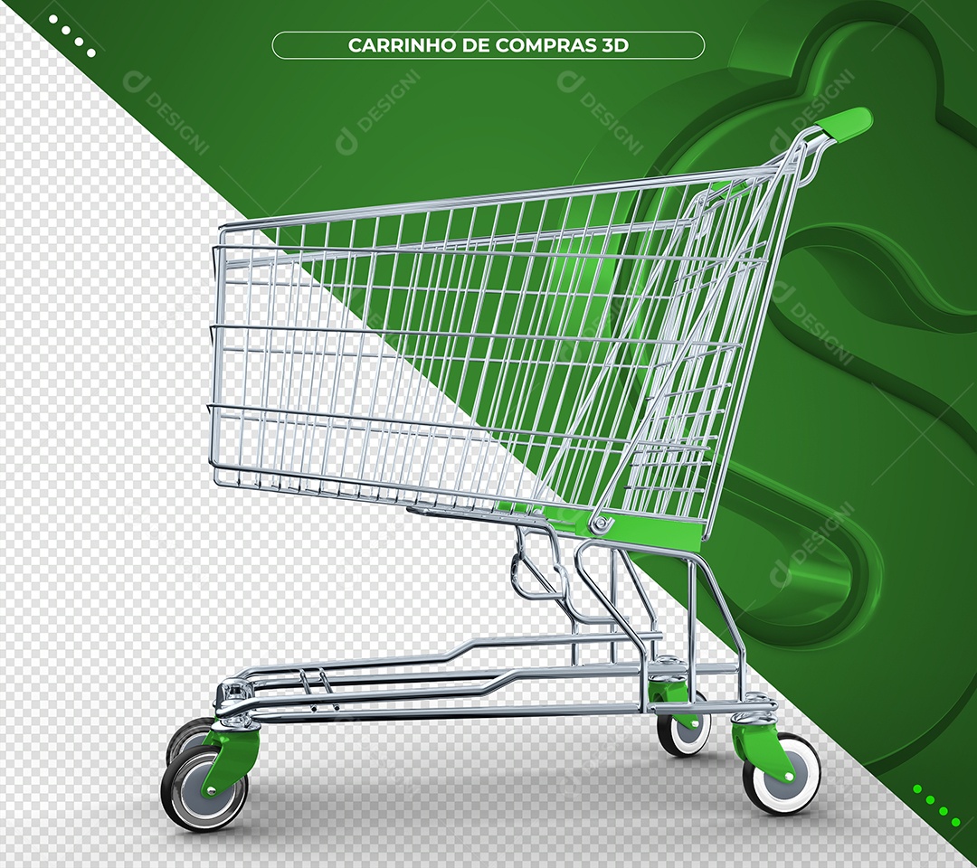 Carrinho de compras verde Ilustração 3D para Composição PSD