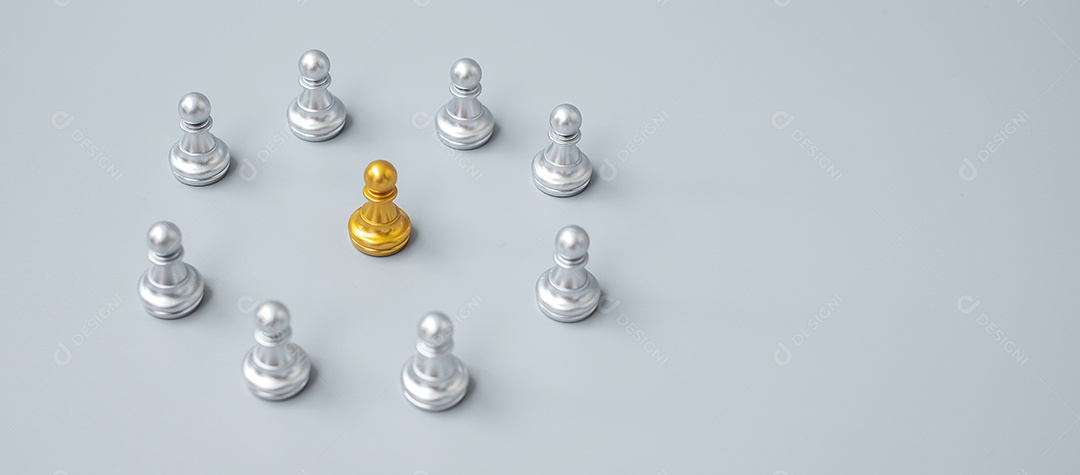 golden chess pawn pieces or leading businessman stand out from crow