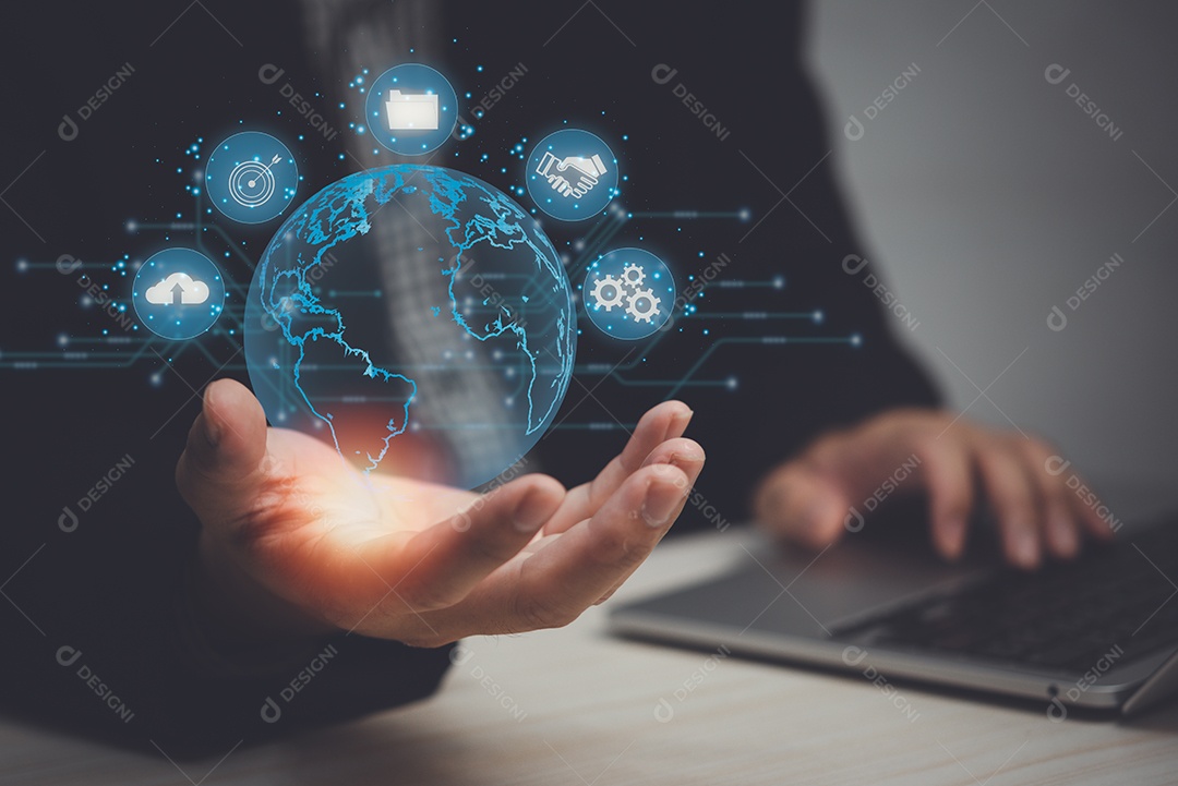 A tecnologia de big data conecta o conceito de negócio do ícone do ciberespaço de informações de rede global de internet.