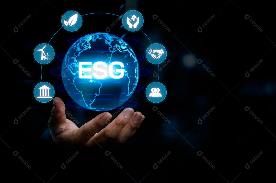 Businessman touching virtual screen of Social Environmental Governance ESG Internet Business Technology Concept.