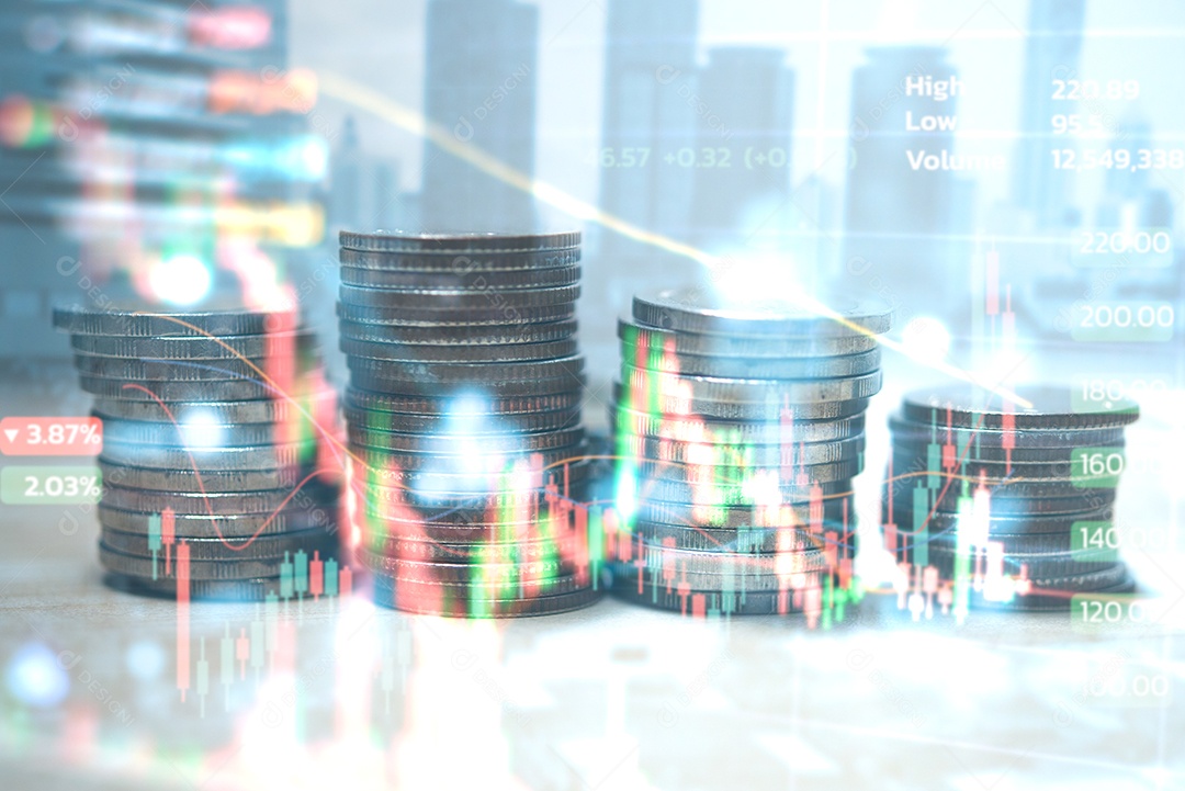 Financie o mercado de valores de ação ou o gráfico de negociação dos estrangeiros e a gestão da economia da análise da troca do investimento da carta do castiçal e a pilha da moeda Fundo abstrato da finança.