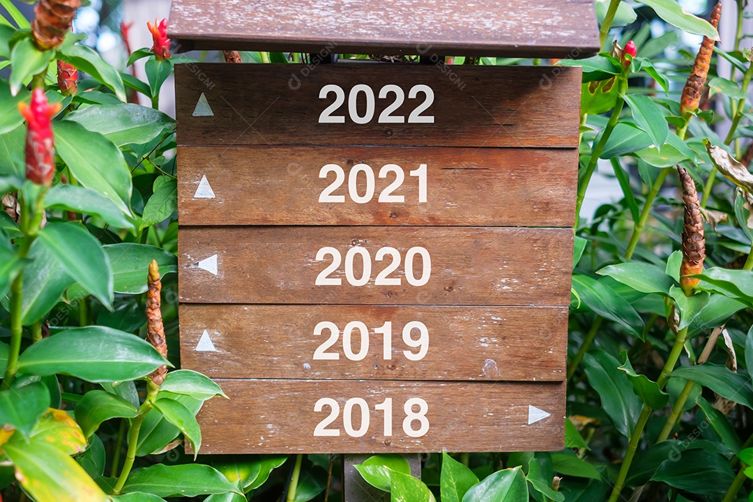 Placa de madeira com os anos de 2022, 2021, 2020, 2019 e 2018, sinal de direção para escolher o futuro. Resolução, estratégia, plano, objetivo, frente, motivação, reinicialização, negócios e conceitos de feriado de ano novo