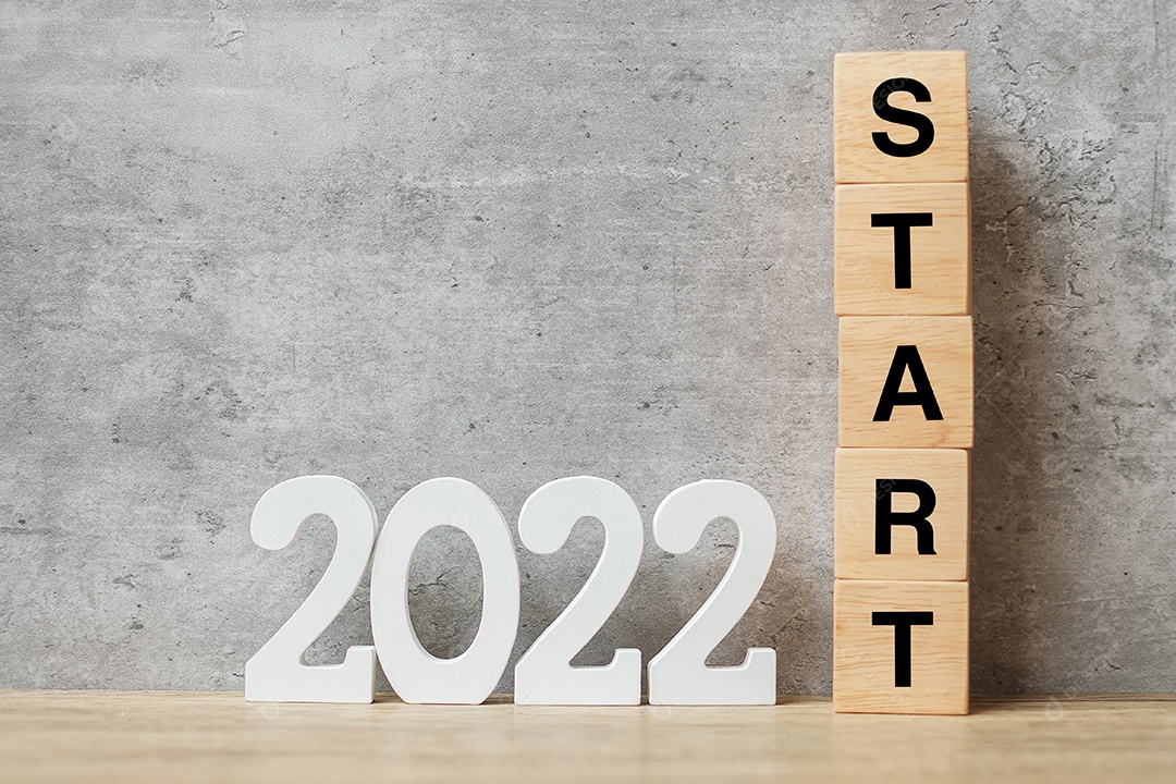 Texto de ano novo de 2022 com bloco START. Resolução, estratégia, plano,