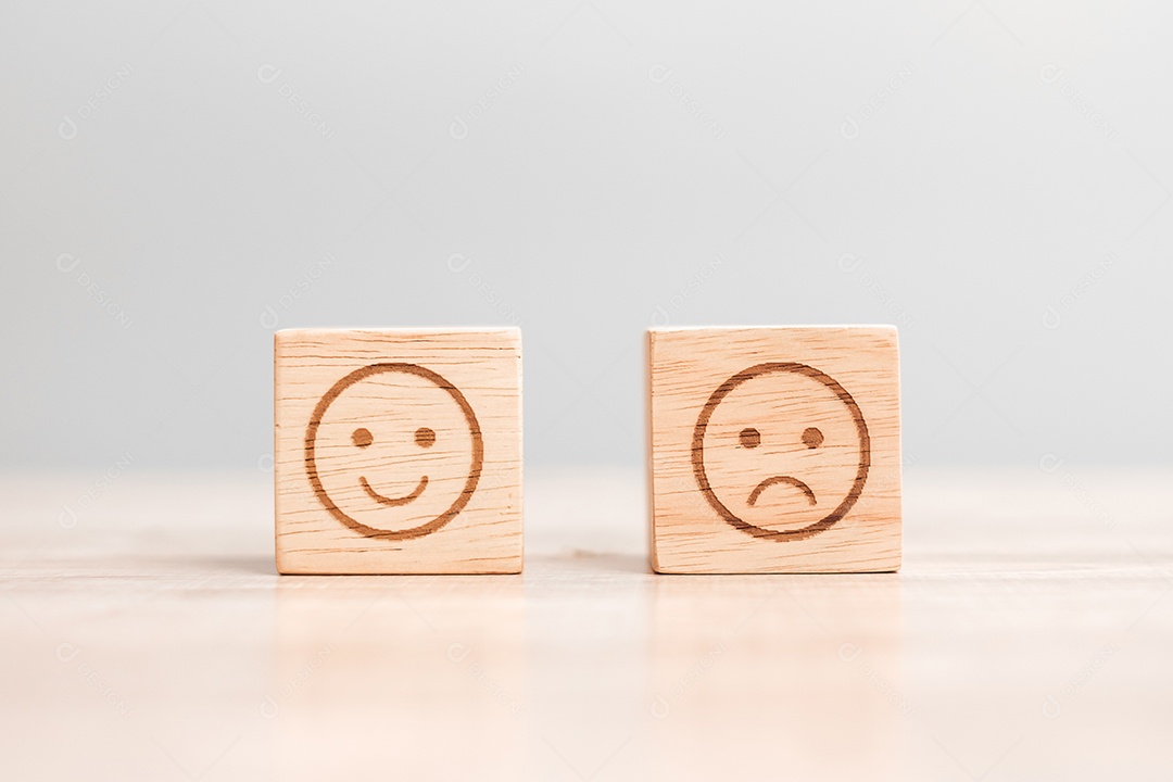 emotion face symbol on wooden blocks. Service rating, rating