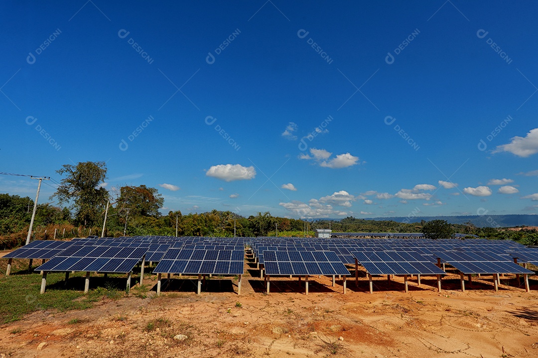 energia verde da fazenda solar da luz do sol mostra muita célula solar