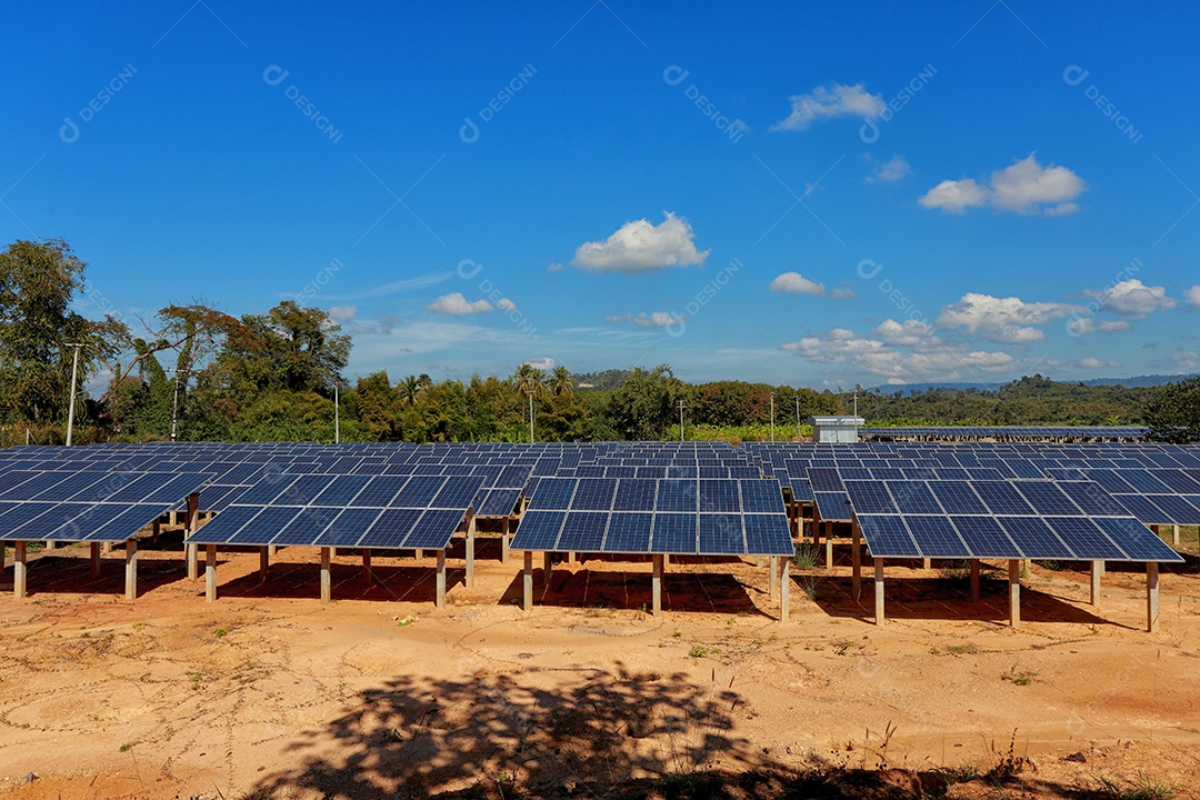 energia verde da fazenda solar da luz do sol mostra muita célula solar