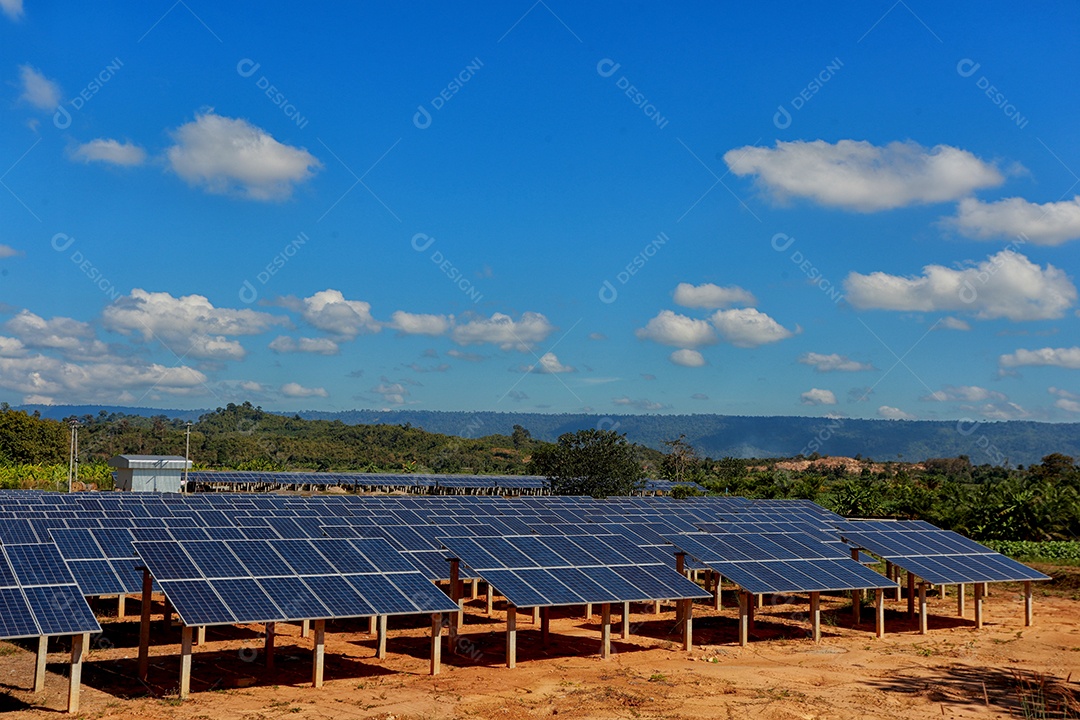 energia verde da fazenda solar da luz do sol mostra muita célula solar