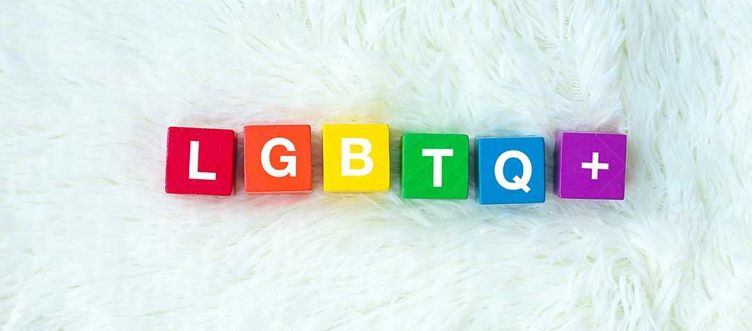 Bloco de arco-íris LGBTQ em fundo branco. Apoio Lésbica, Gay, Bi