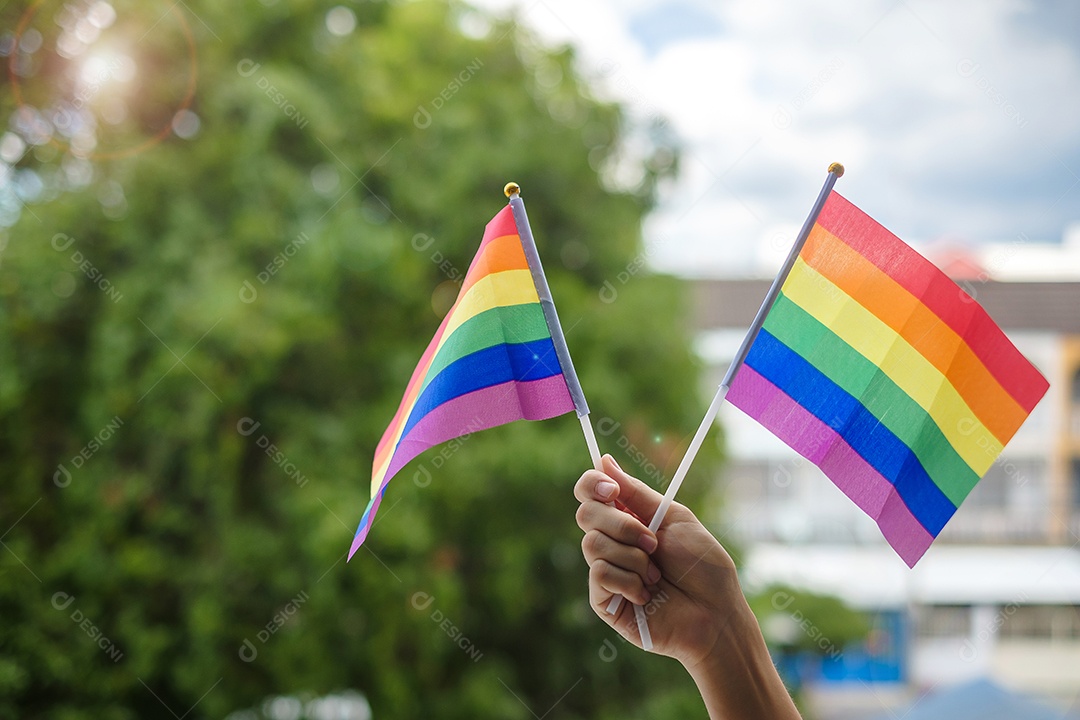 mãos mostrando a bandeira LGBTQ Rainbow no fundo verde da natureza
