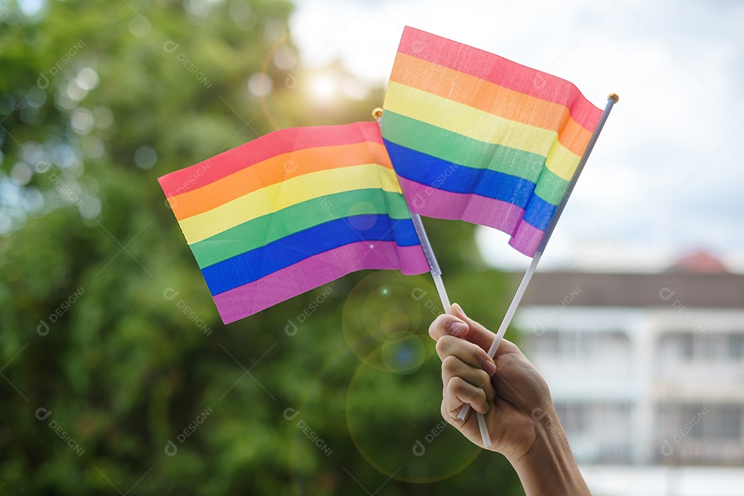 mãos mostrando a bandeira LGBTQ Rainbow no fundo verde da natureza