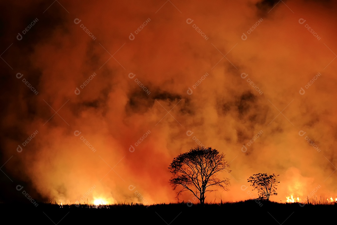 O fogo queimando fumaça laranja e vermelha encheu o céu à noite.