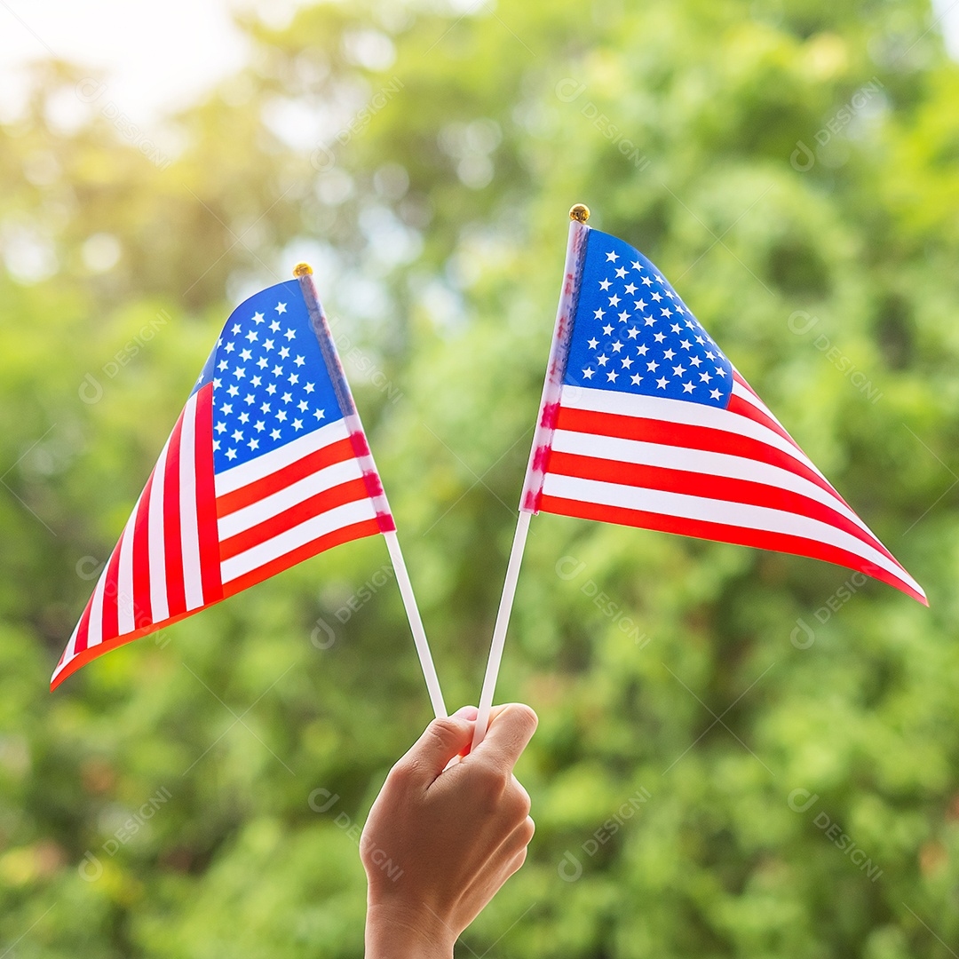 hand holding United States of America flag on blue sky background