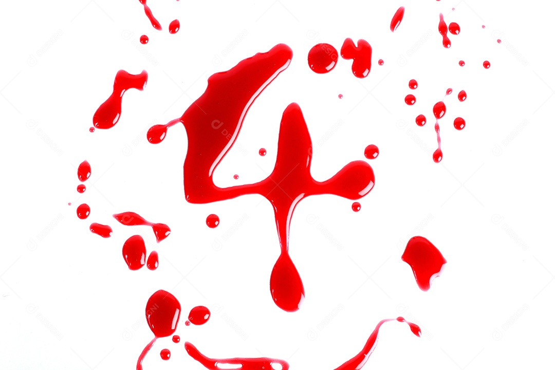 Impressão sangrenta em um fundo branco com as letras 4