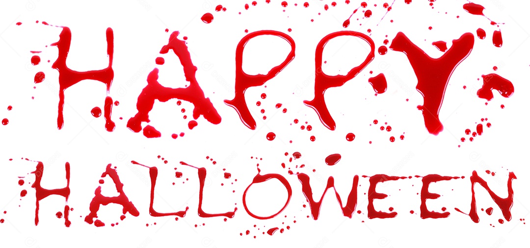 Impressão sangrenta em um fundo branco escrito Feliz Halloween