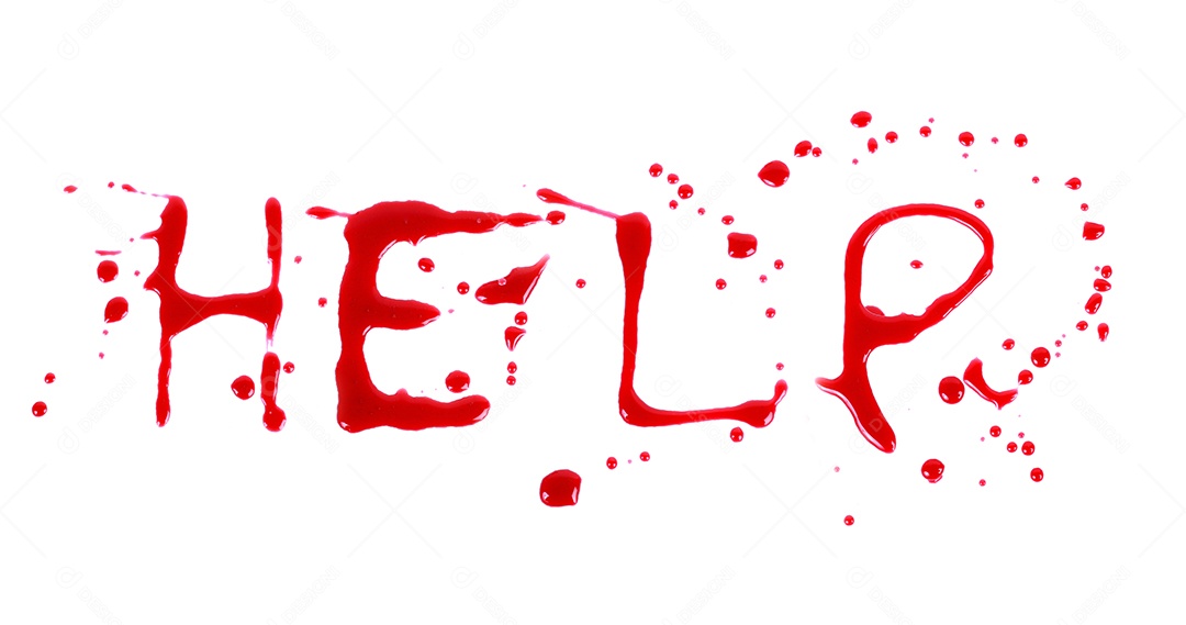 Impressão sangrenta em um fundo branco escrito ajuda