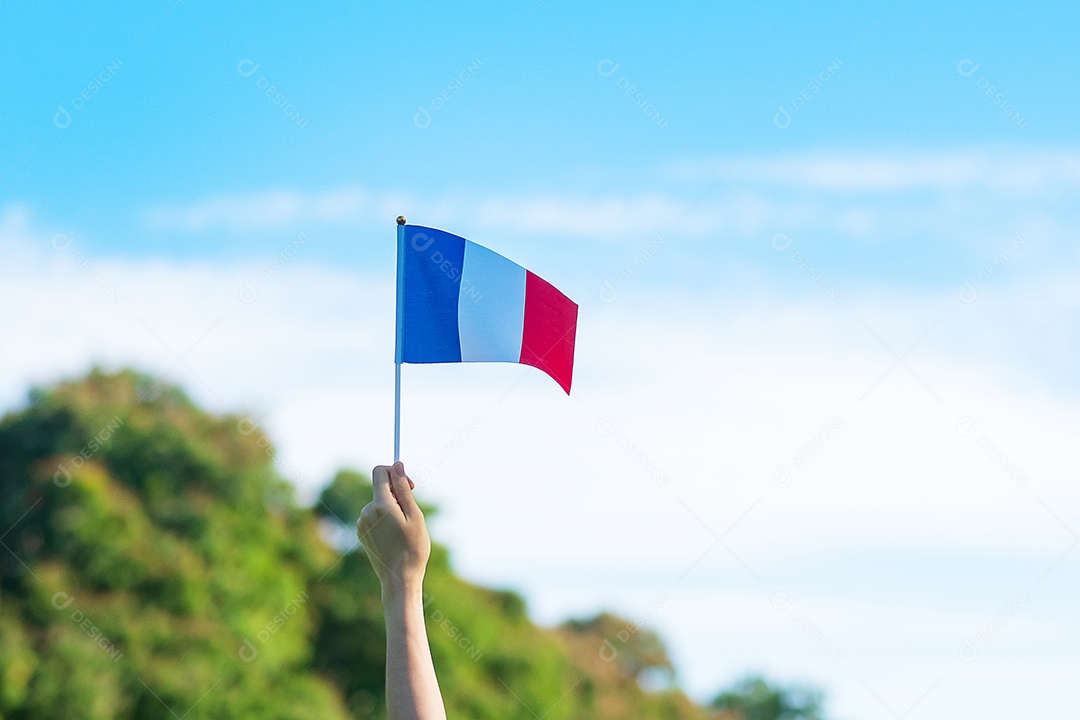 mão segurando a bandeira da França sobre fundo de céu azul