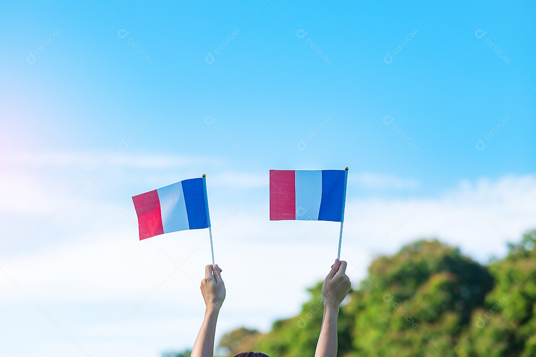 mão segurando a bandeira da França sobre fundo de céu azul
