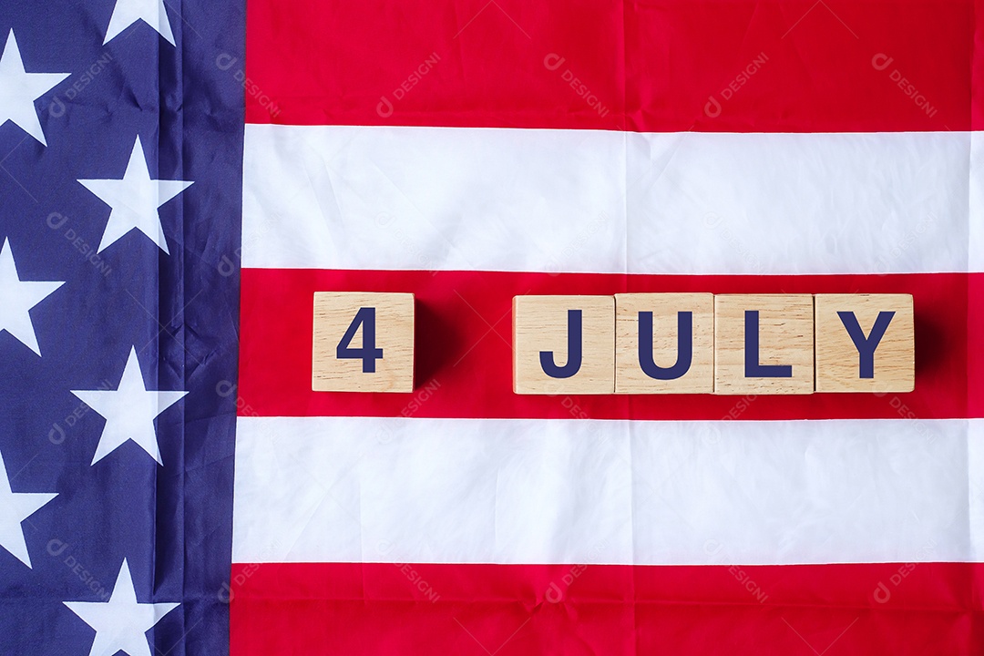 Fourth of July text on United States of America flag background.