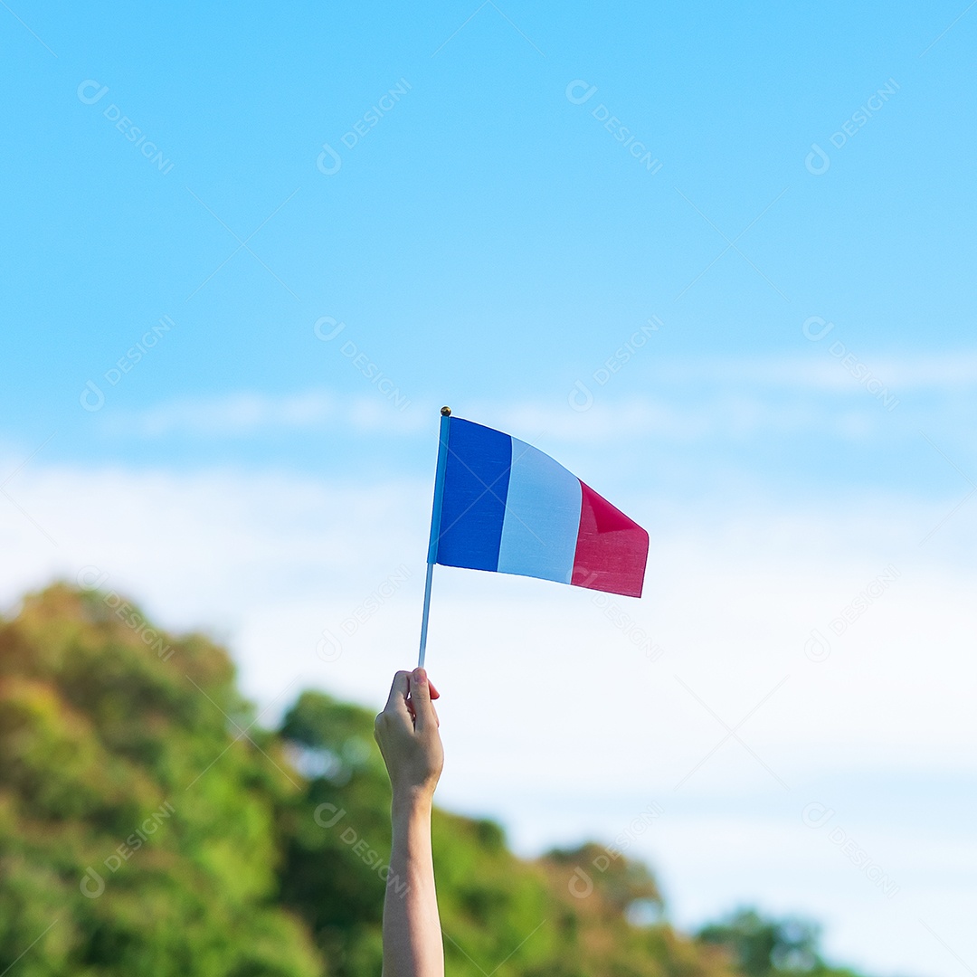 mão segurando a bandeira da França sobre fundo de céu azul.