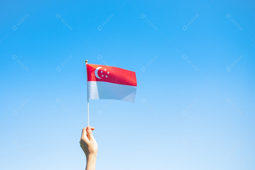 mão segurando a bandeira de Singapura no fundo do céu azul