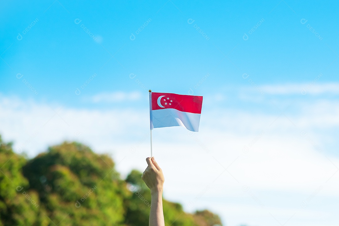 mão segurando a bandeira de Singapura no fundo do céu azul