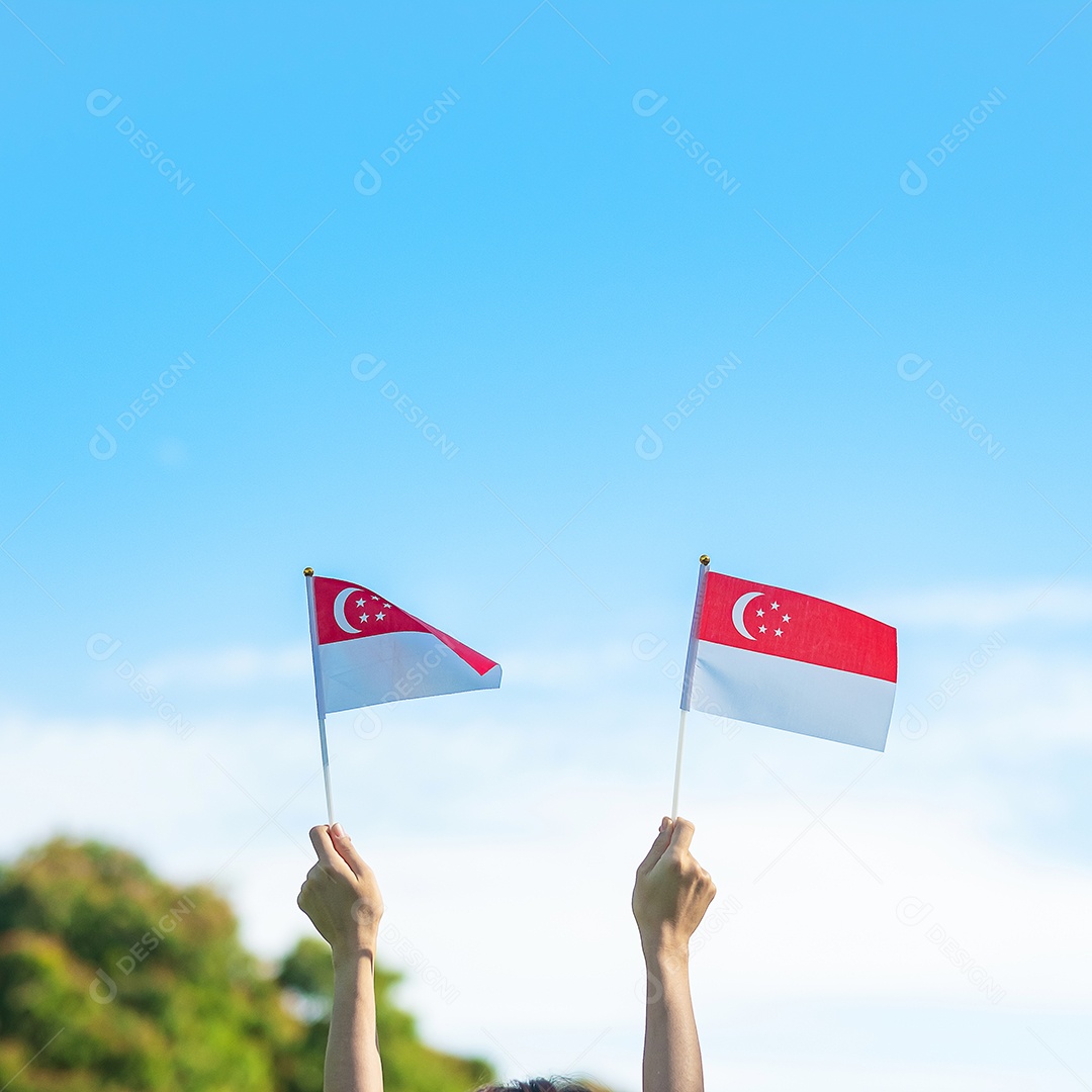 mão segurando a bandeira de Singapura no fundo do céu azul