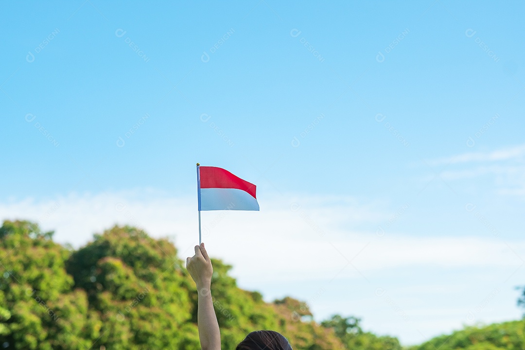 Mão segurando a bandeira da Indonésia no fundo do céu azul.