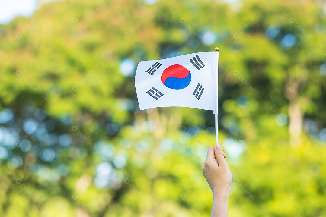 Mão segurando a bandeira da Coreia no fundo da natureza. Fundação Nacional.
