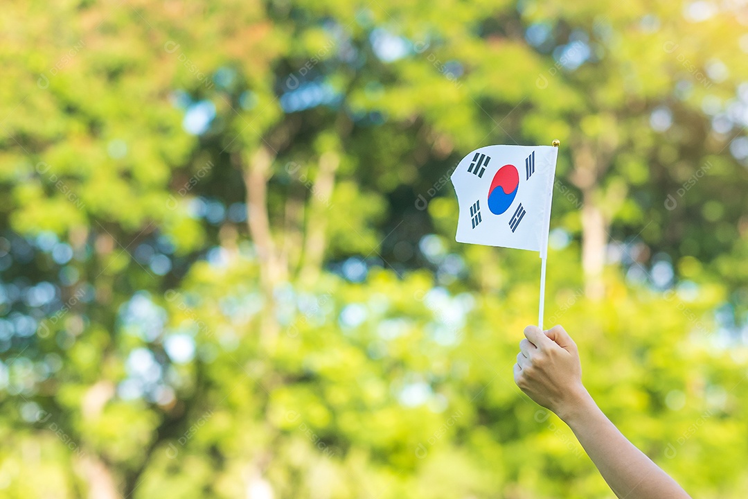 Mão segurando a bandeira da Coreia no fundo da natureza. Fundação Nacional.