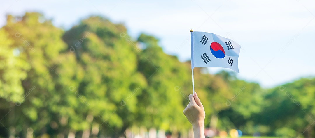 Hand holding flag of Korea on nature background. National Foundation.
