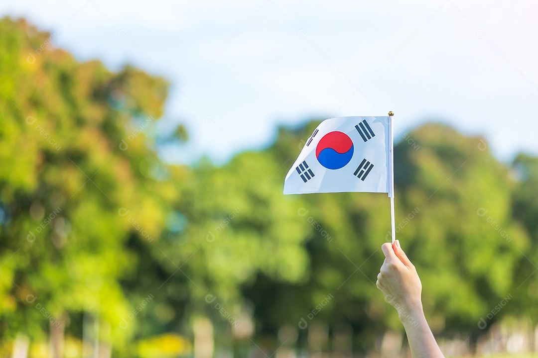 Mão segurando a bandeira da Coreia no fundo da natureza. Fundação Nacional