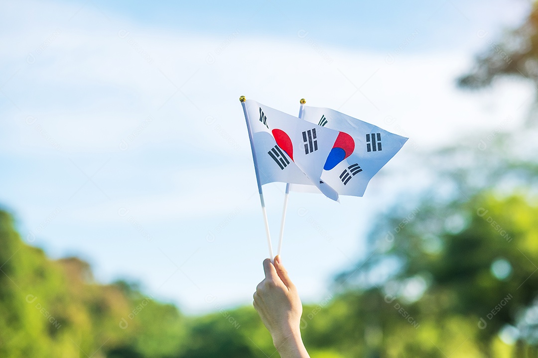 Mão segurando a bandeira da Coreia no fundo da natureza. Fundação Nacional