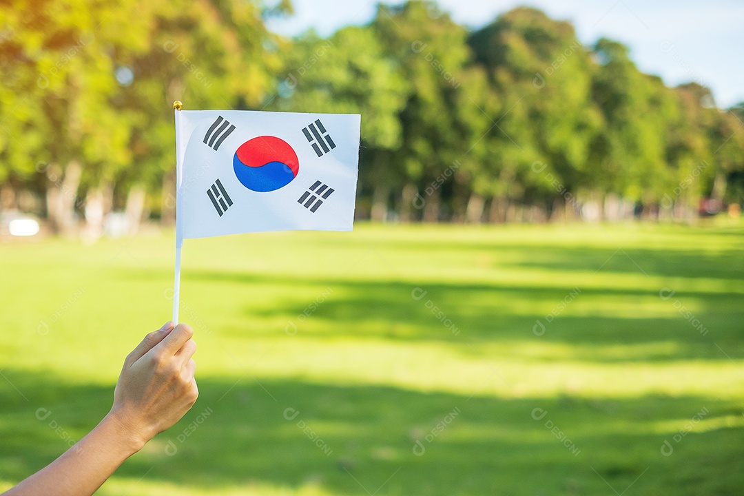 Mão segurando a bandeira da Coreia no fundo da natureza. Fundação Nacional