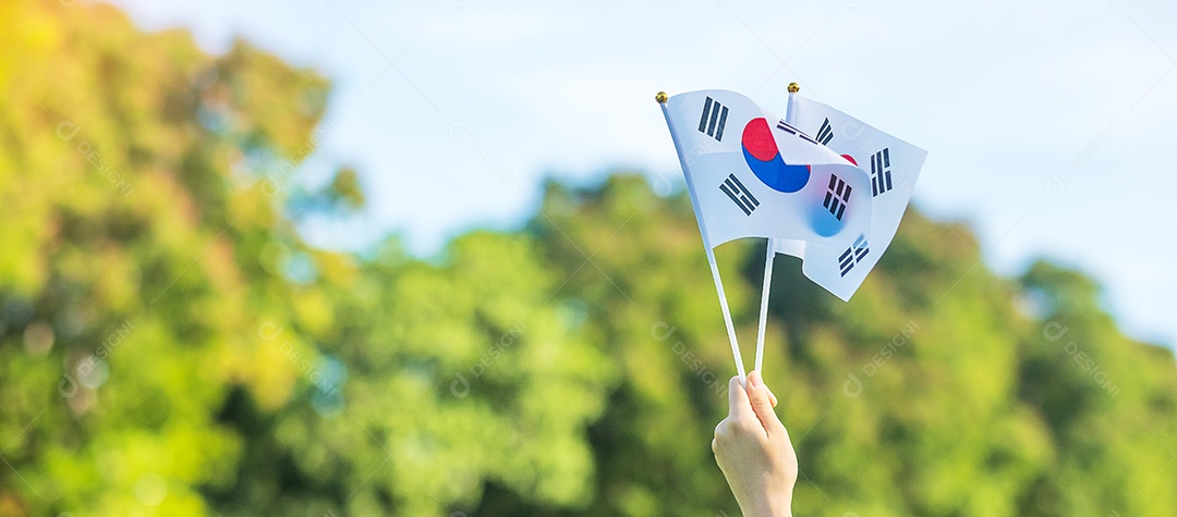 mão segurando a bandeira da Coreia no fundo da natureza. Fundação Nacional